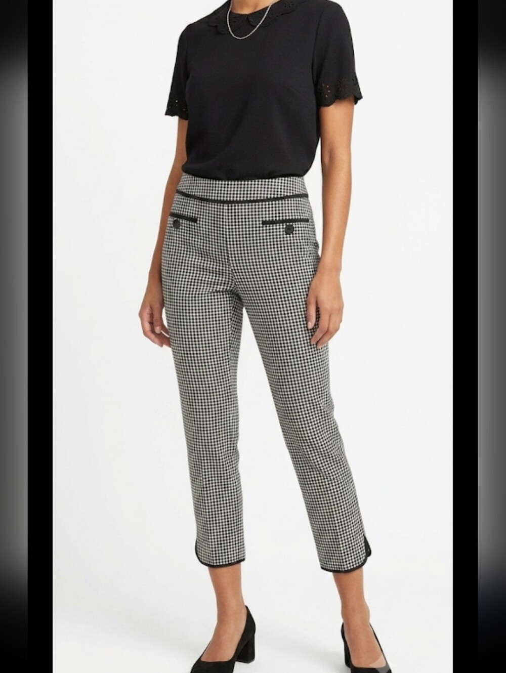 Talbots navy & cream wide leg ankle length side zip geometric print trousers